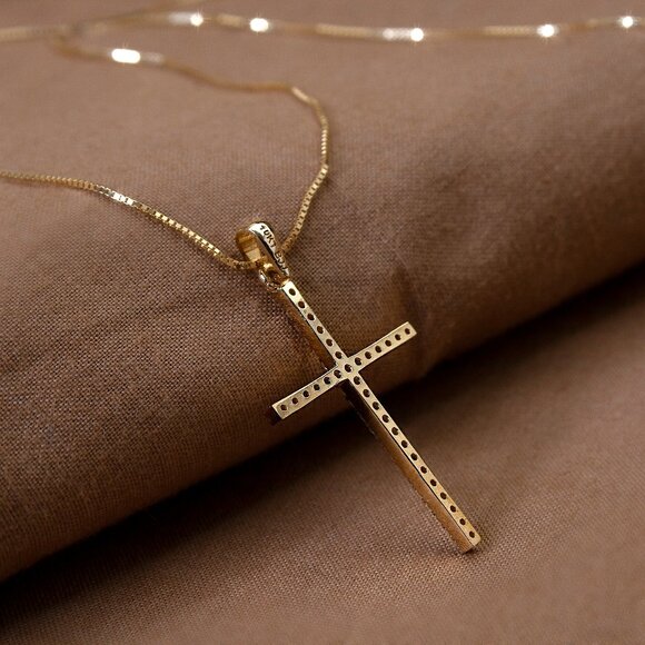 Real 10K Gold Cross Pendant Necklace with 18" Gold Box Chain Stamped 10K - Picture 5 of 7